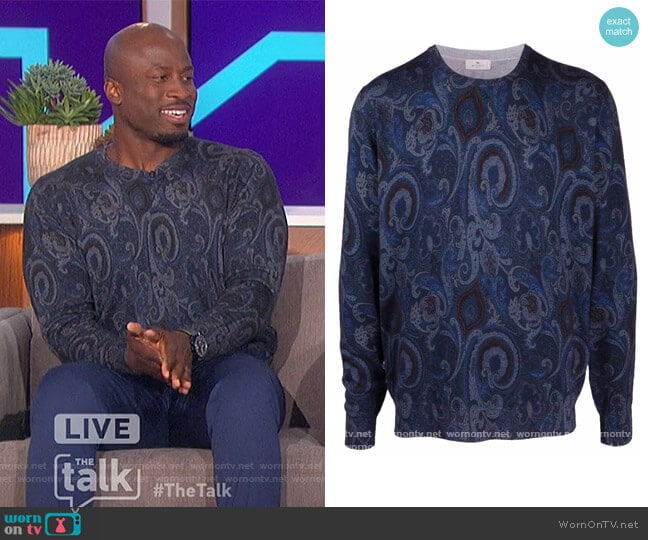 Paisley Print Knitted Jumper by Etro worn by Akbar Gbajabiamila on The Talk worn by Akbar Gbajabiamila on The Talk