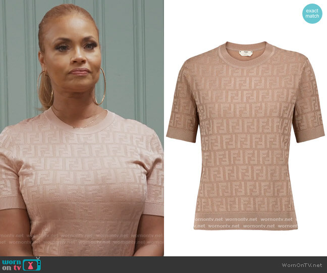 FF pattern knitted top by Fendi worn by Gizelle Bryant on The Real Housewives of Potomac