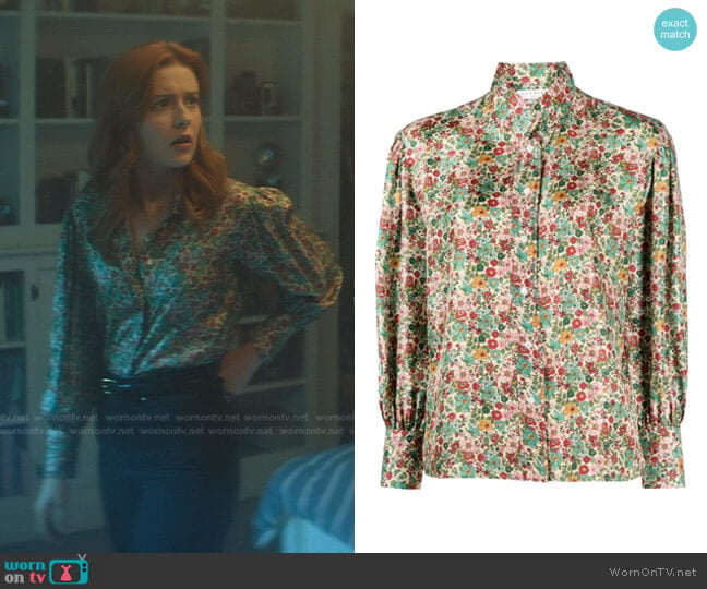 Faraday Floral Print Silk Button-Up Shirt by Sandro worn by Nancy Drew (Kennedy McMann) on Nancy Drew