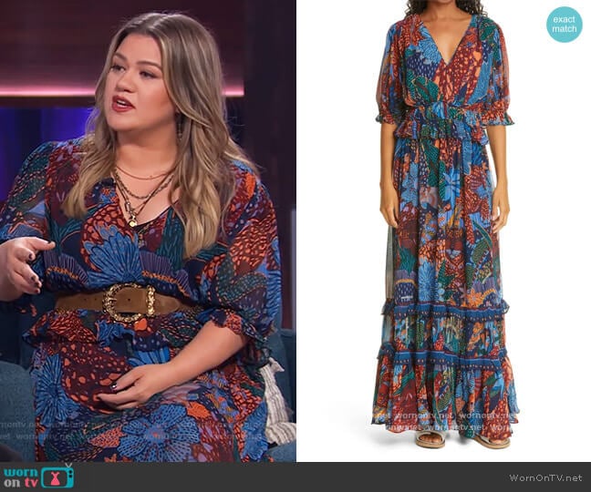 Blue Cool Leopard Ruffle Maxi Dress by Farm RIO worn by Kelly Clarkson on The Kelly Clarkson Show