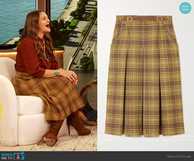 The Adriana leather-trimmed pleated checked wool skirt by Giuliva Heritage worn by Drew Barrymore on The Drew Barrymore Show