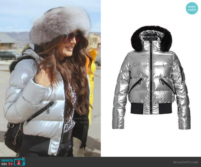 Aura Hooded Appliquéd Quilted Metallic Down Ski Jacket by Goldbergh worn by Lisa Barlow on The Real Housewives of Salt Lake City