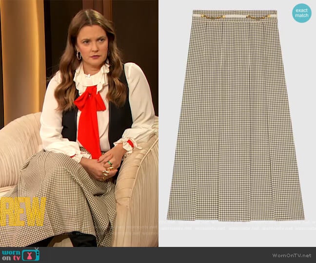 Check wool pleated skirt by Gucci worn by Drew Barrymore on The Drew Barrymore Show