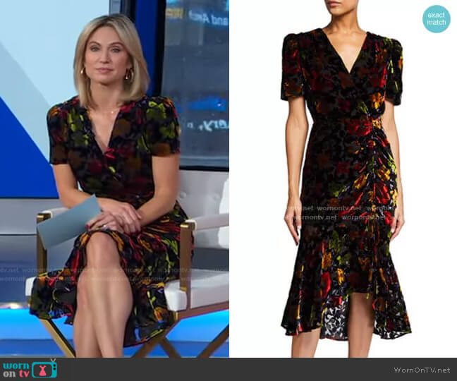 Gynn Ruched Velvet Floral Burnout Midi Dress by Milly worn by Amy Robach on Good Morning America