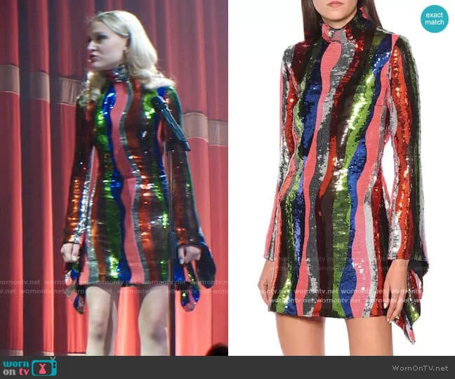 Halpern Striped sequined satin mini dress worn by Lexy Cross (Alyvia Alyn  Lind) on Chucky