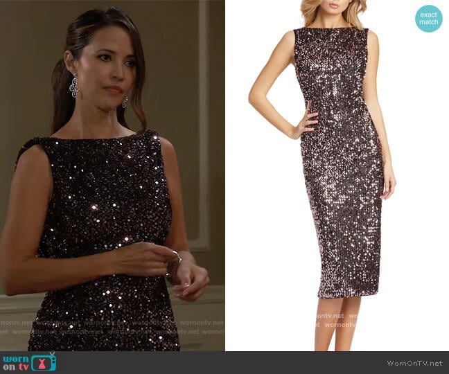 Back Ruffle Sequin Sheath Dress by Ieena for Mac Duggal worn by Laurine Price on General Hospital