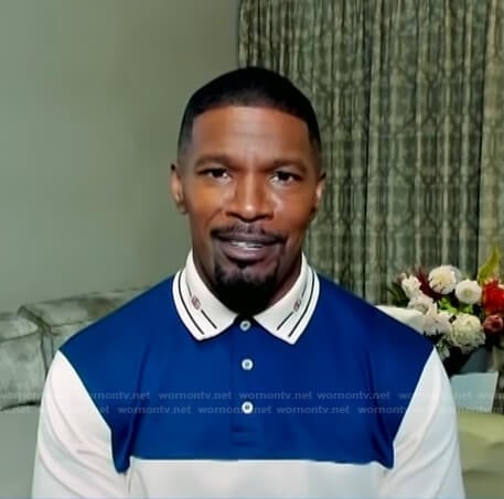 Jamie Foxx’s blue and white colorblock polo shirt on E! News