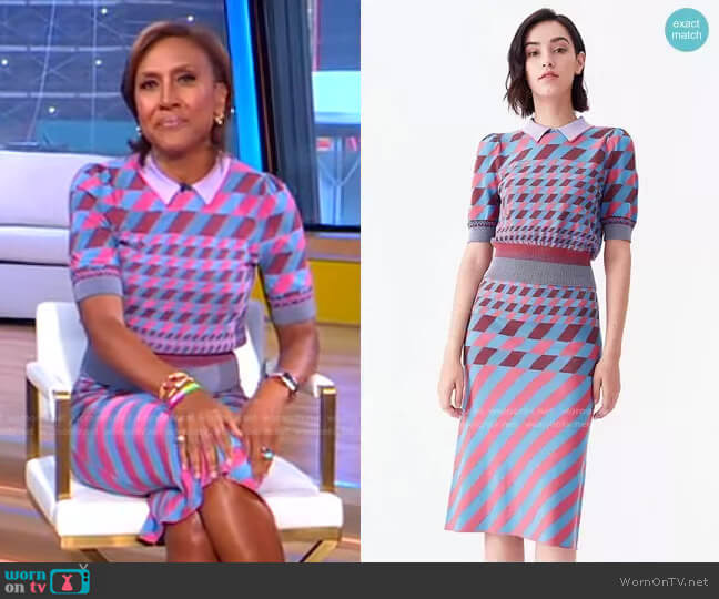 Jenny Collared Knit Pullover and Lris Skirt by Diane von Furstenberg worn by Robin Roberts on Good Morning America