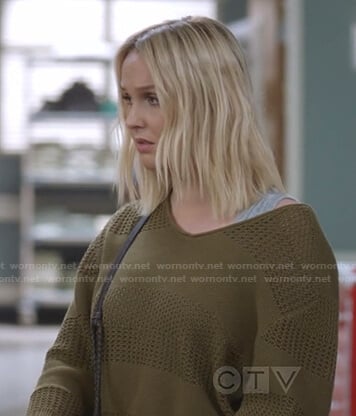 Jo's green textured v-neck knit sweater on Greys Anatomy