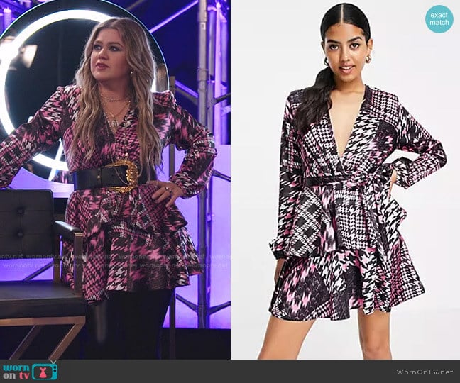 Tiered Ruffle Mini Dress in Pink Houndstooth Print by John Zack worn by Kelly Clarkson on The Voice