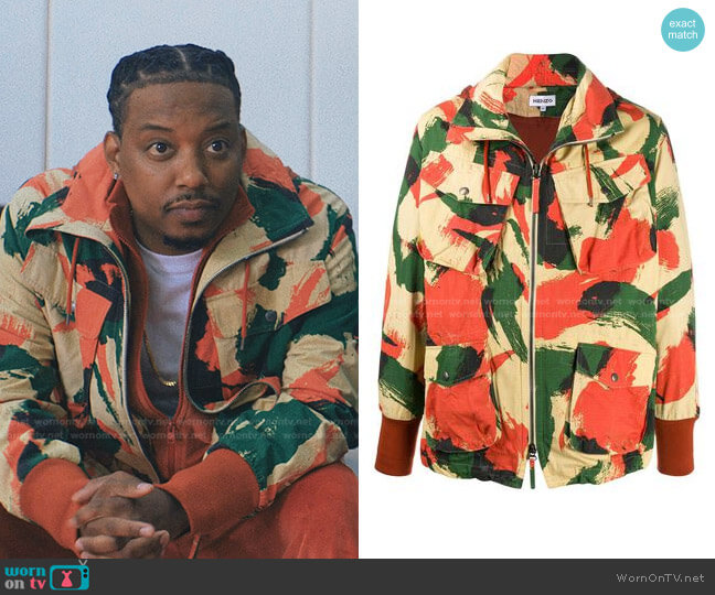 Camouflage Print Hooded Jacket by Kenzo worn by Yogi (Chris Powell) on Love Life