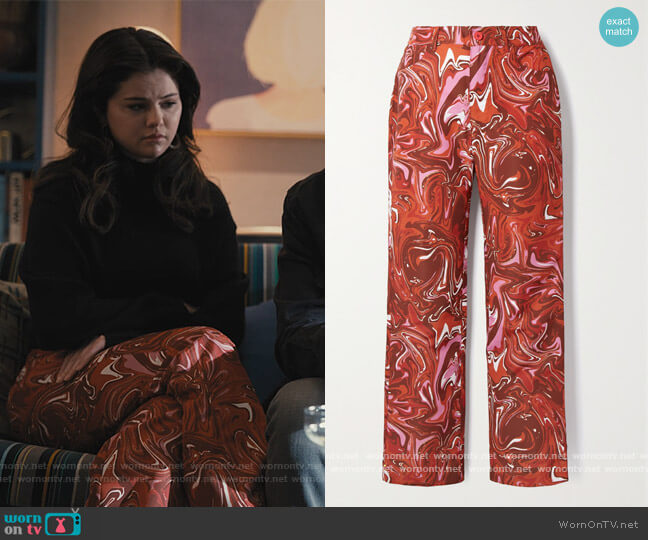 Jet printed shell straight-leg pants by Maisie Wilen worn by Mabel Mora (Selena Gomez) on Only Murders in the Building