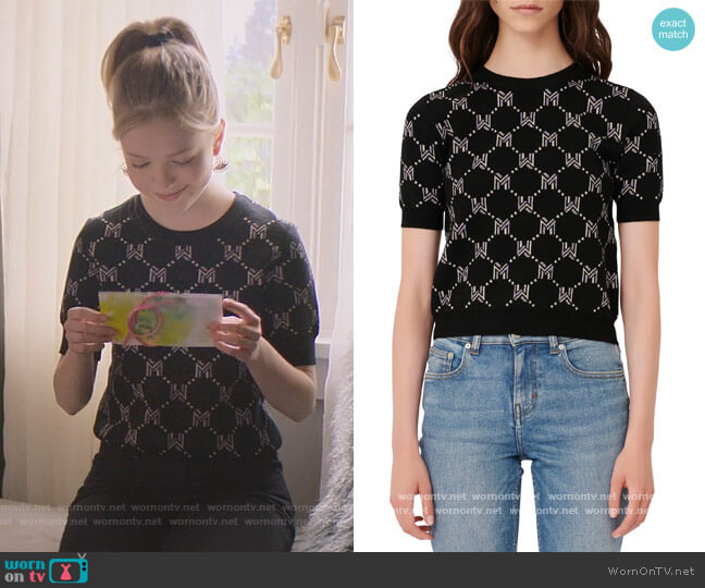 Metallic Monogram Jacquard Short Sleeve Sweater by Maje worn by Stacey McGill (Shay Rudolph) on The Baby-Sitters Club