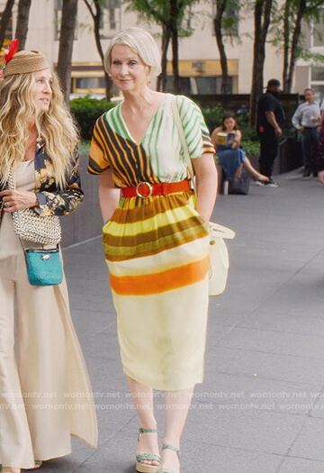 Miranda's multi color stripe dress on And Just Like That