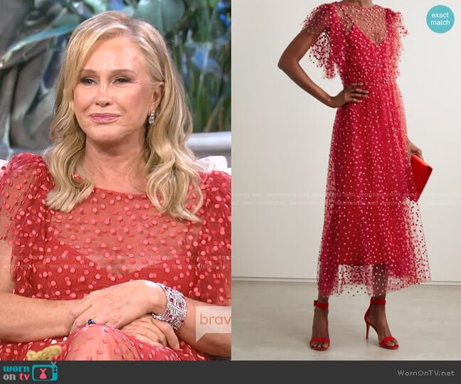 Polka-Dot Tulle Midi Dress by Monique Lhuillier worn by Kathy Hilton on The Real Housewives of Beverly Hills