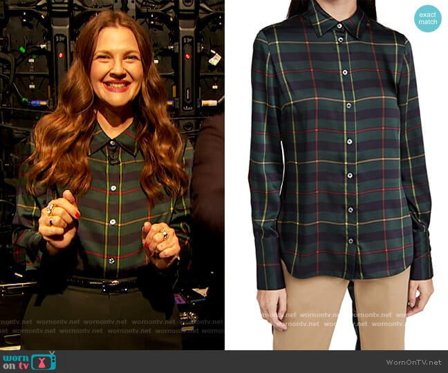 Cowl Back Plaid Blouse by Monse worn by Drew Barrymore on The Drew Barrymore Show