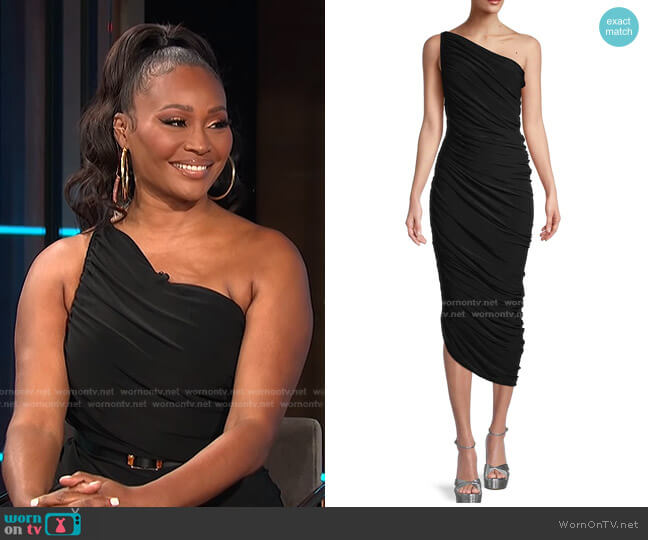 Diana Ruched One-Shoulder Gown by Norma Kamali worn by Cynthia Bailey on E! News Daily Pop