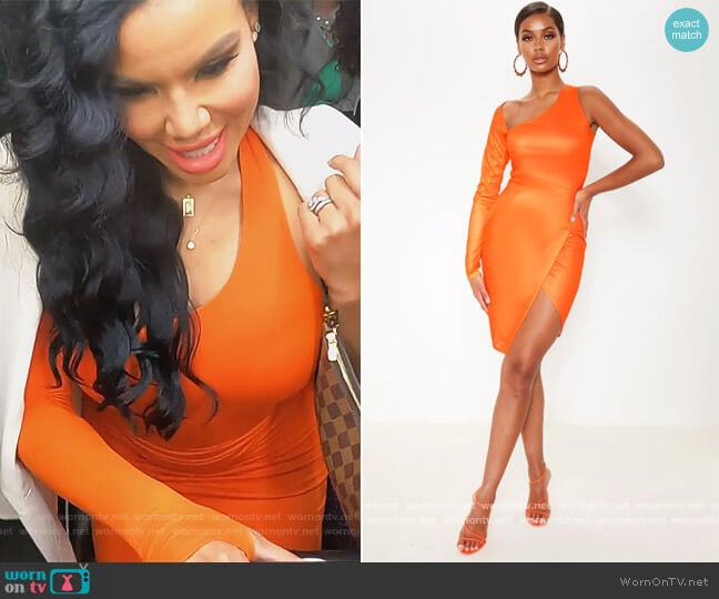 Bright Orange One Shoulder Asymmetric Neck Bodycon Dress by Pretty Little Thing worn by Mia Thornton on The Real Housewives of Potomac