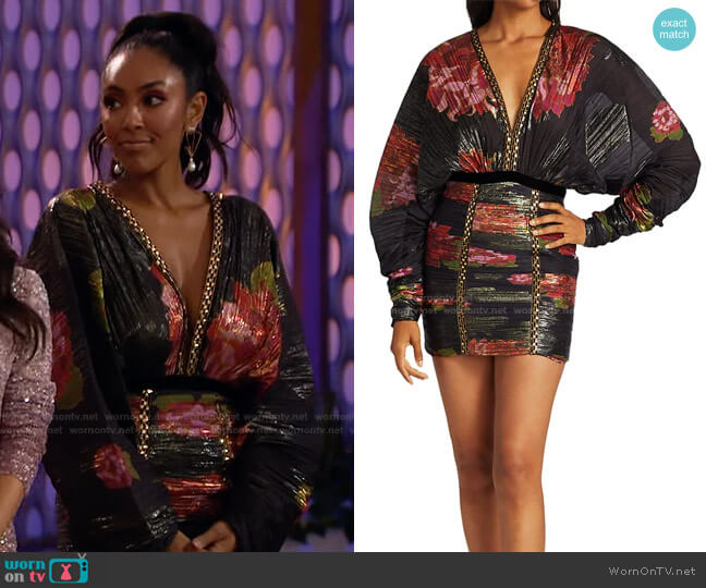 Balloon-Sleeves Pleated Deep V Mini Dress by Raisavanessa worn by Tayshia Adams on The Bachelorette