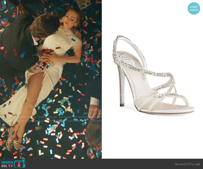 Embellished Asymmetrical Slingback Cocktail Sandals by Rene Caovilla worn by Fallon Carrington (Elizabeth Gillies) on Dynasty