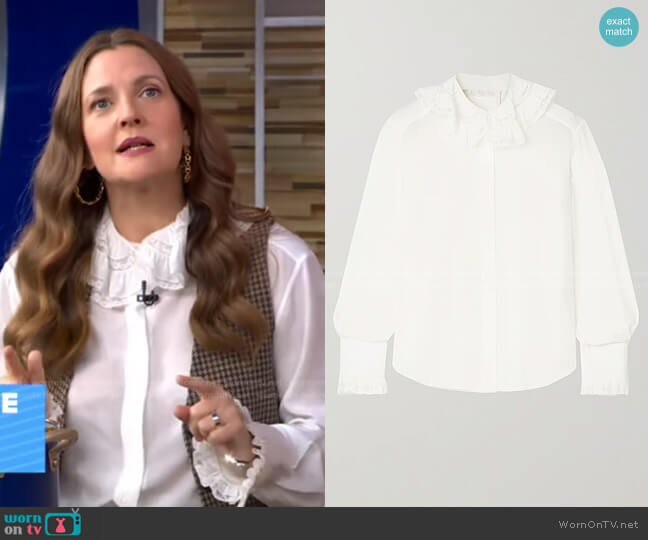 Ruffle Collar Silk Georgette Blouse by Chloe worn by Drew Barrymore on GMA