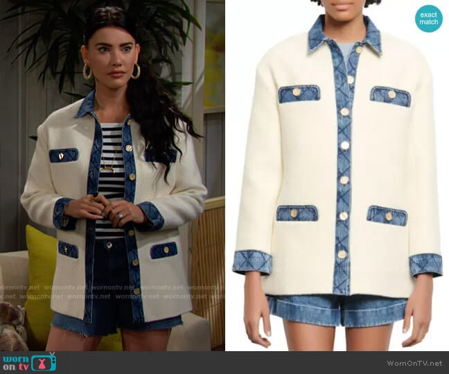 Sandro Chelby Tweed & Denim Blazer worn by Steffy Forrester (Jacqueline MacInnes Wood) on The Bold and the Beautiful