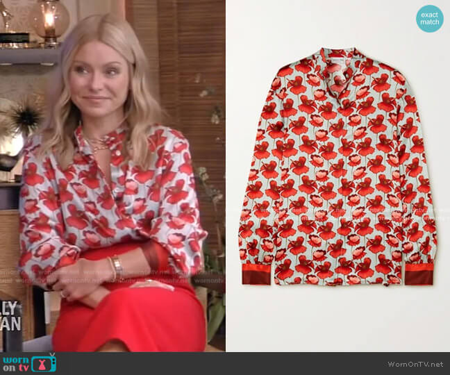 Savannah Floral-Print Silk-Satin Blouse by Raquel Diniz worn by Kelly Ripa on Live with Kelly and Mark