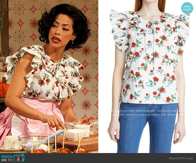 Ruffled floral-print cotton-poplin blouse by See by Chloe worn by Pilar Valdes on The Drew Barrymore worn by Drew Barrymore on The Drew Barrymore Show