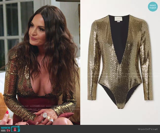 Sequined Tulle Bodysuit by Gucci worn by Lisa Barlow on The Real Housewives of Salt Lake City