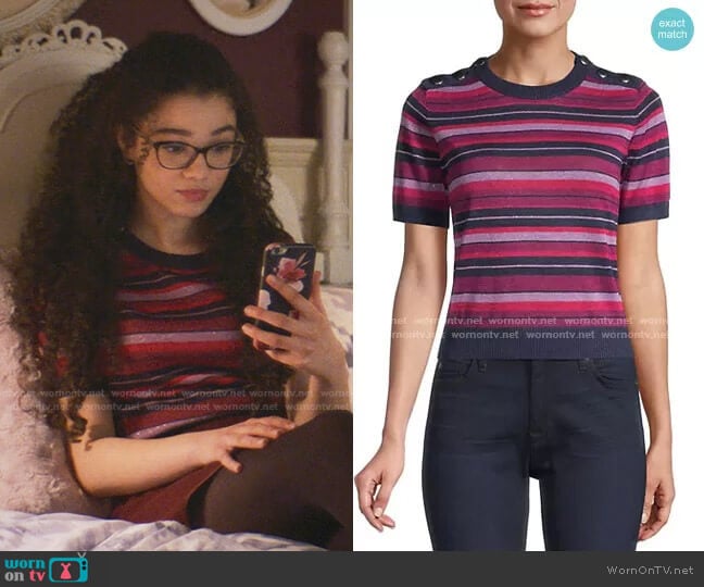 Striped Short-Sleeve Sweater by Kate Spade worn by Mary-Anne Spier (Malia Baker) on The Baby-Sitters Club