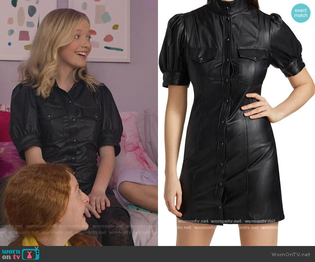 Leatherette Puff-Sleeve Mini Dress by The Kooples worn by Stacey McGill (Shay Rudolph) on The Baby-Sitters Club