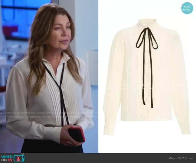 Contrast Ties Pleated Front Silk Shirt by Victoria Beckham worn by Meredith Grey (Ellen Pompeo) on Greys Anatomy