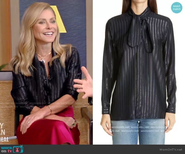 Tie-neck striped metallic silk-blend shirt by Saint Laurent worn by Kelly Ripa on Live with Kelly and Mark