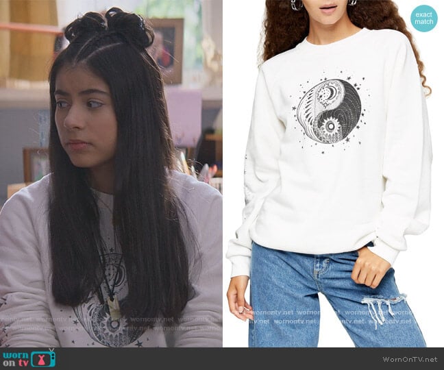 Mystical Moon Sweatshirt by Topshop worn by Dawn Schafer (Kyndra Sanchez) on The Baby-Sitters Club