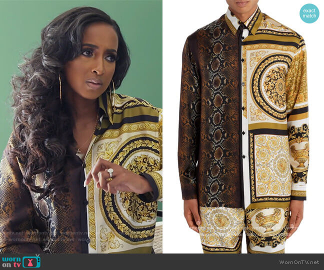 Barocco Patchwork Print Silk Button-Up Shirt by Versace worn by Askale Davis on The Real Housewives of Potomac