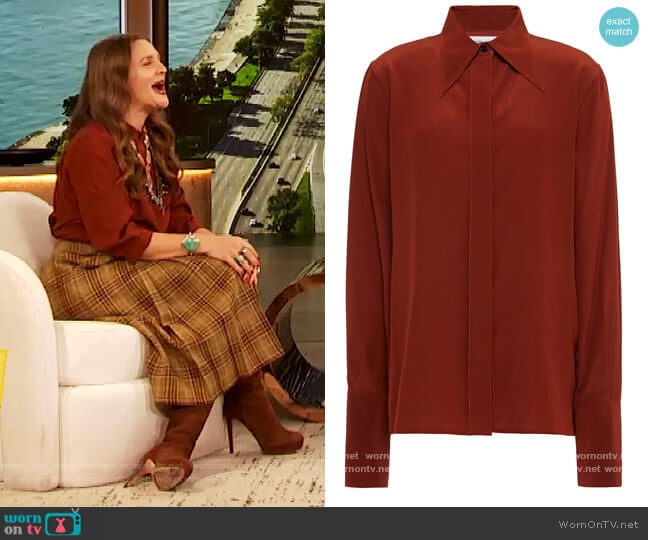 Silk crepe de chine shirt by Victoria Beckham worn by Drew Barrymore on The Drew Barrymore Show