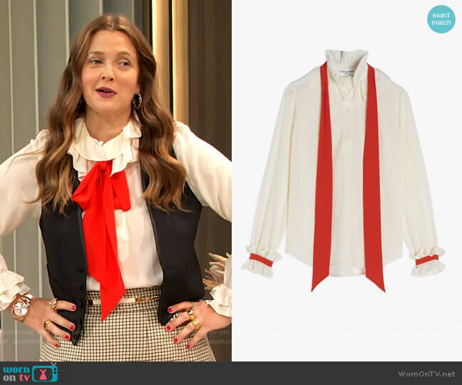 Ruffled silk twill blouse by Victoria Beckham worn by Drew Barrymore on The Drew Barrymore Show