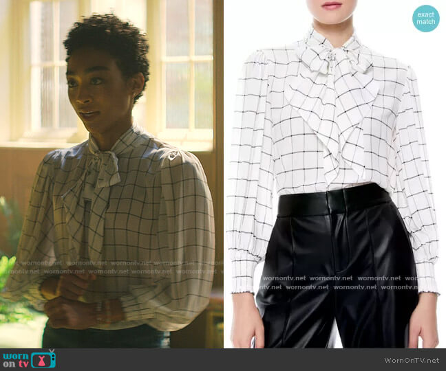 Windowpane Check Tie Neck Silk Blouse by Alice + Olivia worn by Marienne (Tati Gabrielle) on You