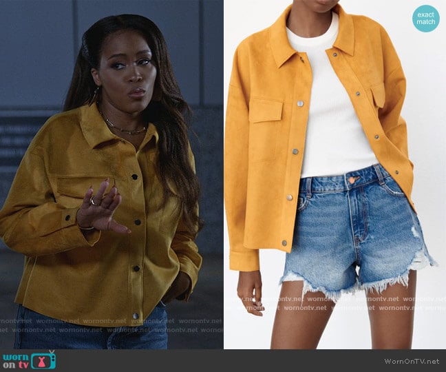 Faux Suede Overshirt by Zara worn by Brianna (Eve) on Queens