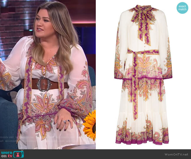 Teddy paisley-print cotton-blend midi dress by Zimmermann worn by Kelly Clarkson on The Kelly Clarkson Show