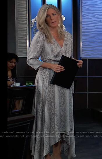 Carly’s gray snake skin print wrap dress on General Hospital