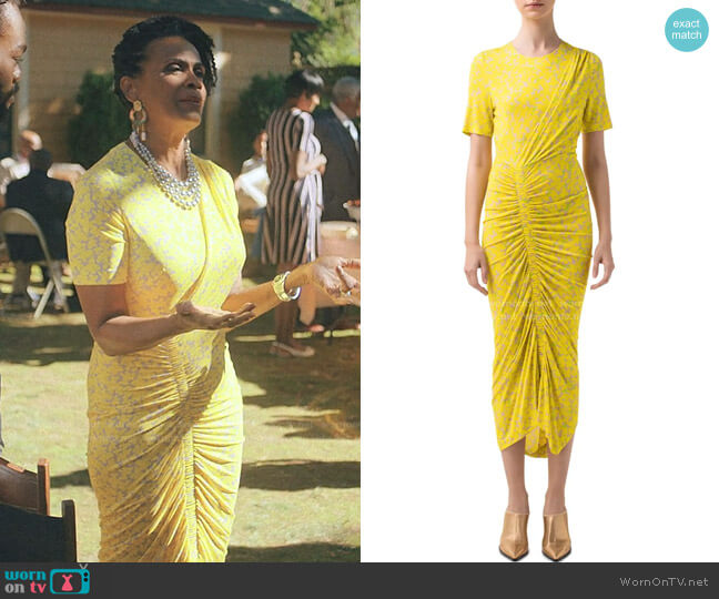 Magnolia Print Ruched Jersey Dress by Akris punto worn by Janet Hubert on Love Life