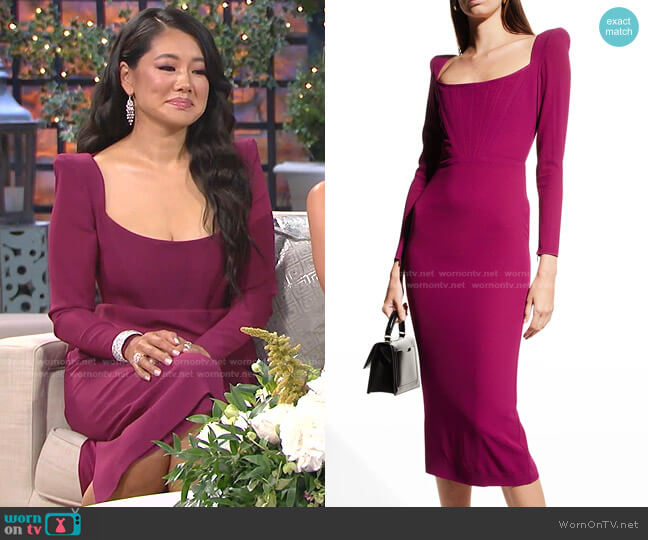 Leigh Strong-Shoulder Corset Midi Dress by Alex Perry worn by Crystal Kung Minkoff on The Real Housewives of Beverly Hills