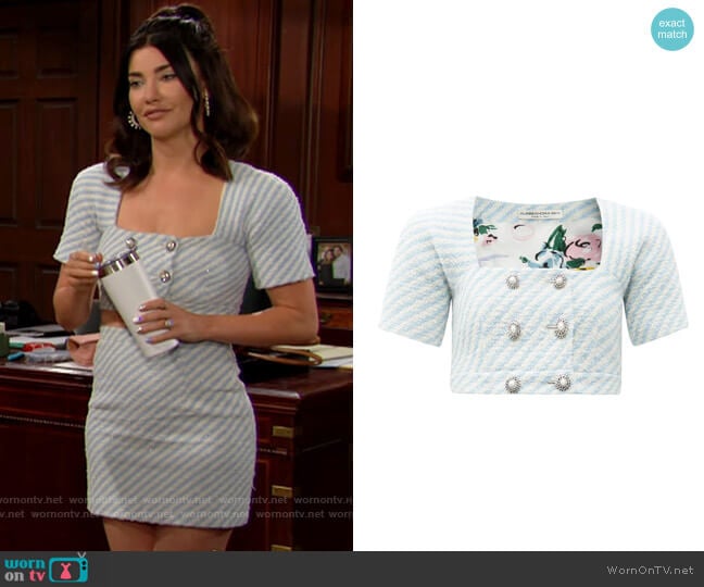 Alessandra Rich Pearl-button striped tweed cropped top worn by Steffy Forrester (Jacqueline MacInnes Wood) on The Bold and the Beautiful