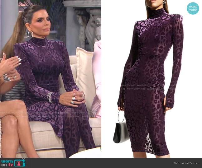 Cullen Cheetah-Print Velvet Midi Dress by Alex Perry worn by Lisa Rinna on The Real Housewives of Beverly Hills