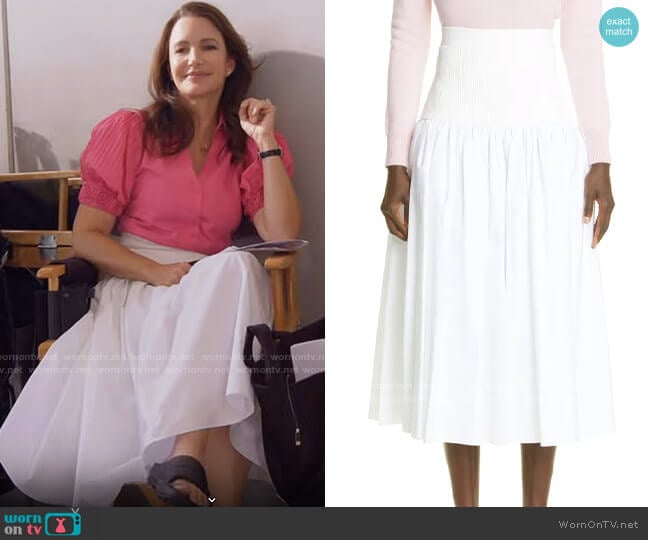 Alexander McQueen Drop Yoke Mixed Media Midi Skirt worn by Charlotte York (Kristin Davis) on And Just Like That