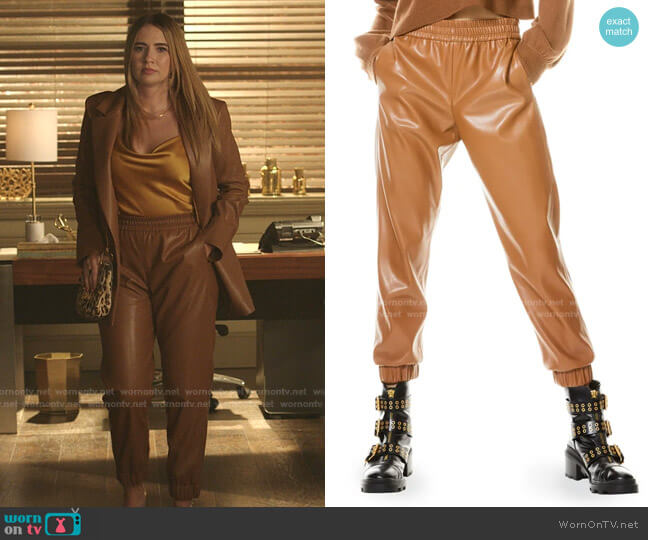 Pete Low-Rise Faux-Leather Pants by Alice + Olivia worn by Amanda Carrington (Eliza Bennett) on Dynasty