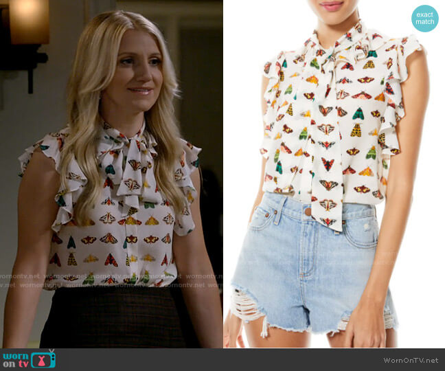 Alice + Olivia Robbie Butterfly Print Silk Bow Blouse worn by Gina Dabrowski (Annaleigh Ashford) on B Positive