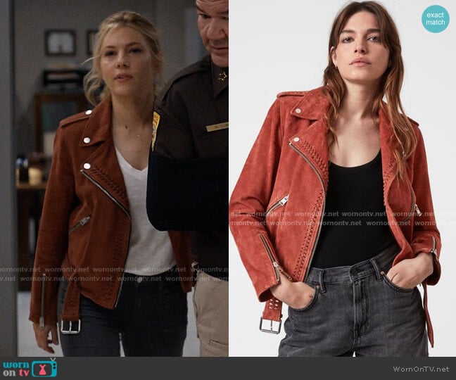 All Saints Braided Suede Biker Jacket worn by Jenny Hoyt (Katheryn Winnick) on Big Sky