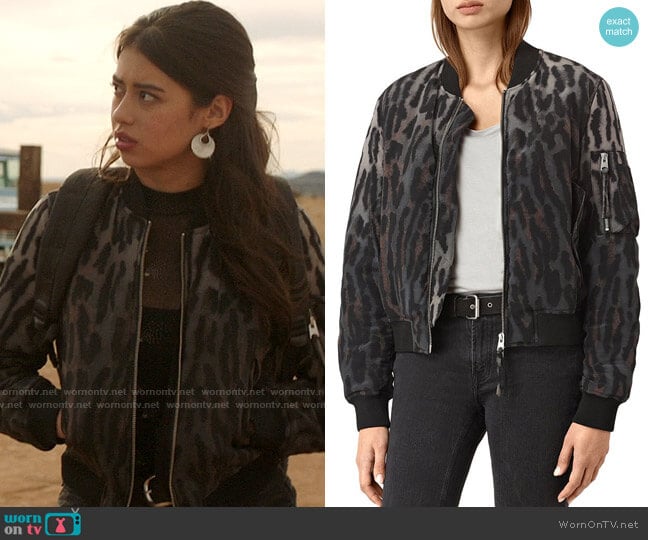 All Saints Sinai Leopard Print Silk Bomber Jacket worn by Rosa Ortecho (Amber Midthunder) on Roswell New Mexico